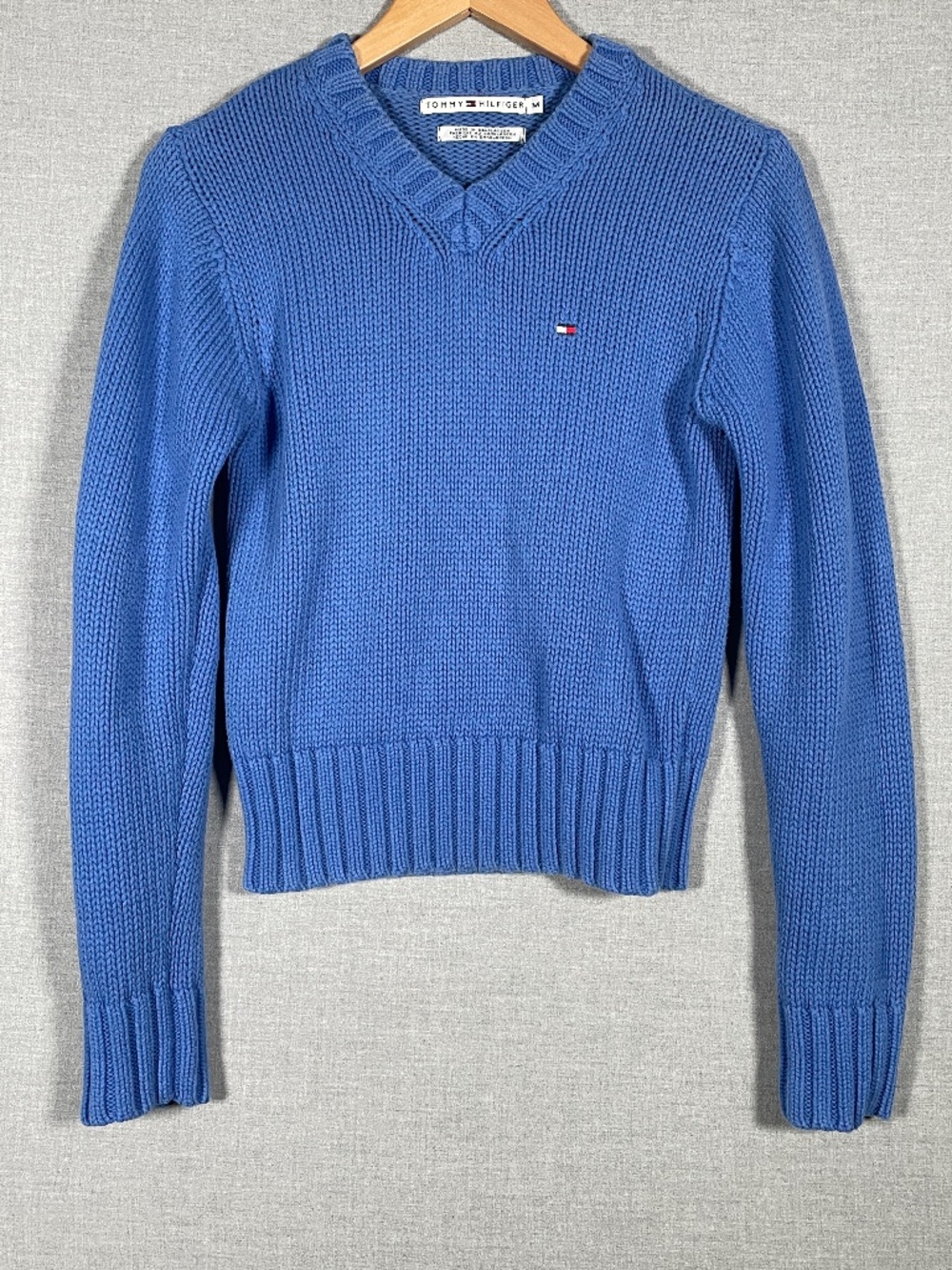 Vintage Tommy Hilfiger Chunky Knit V-Neck Sweater Blue Junior Medium Preppy Y2K